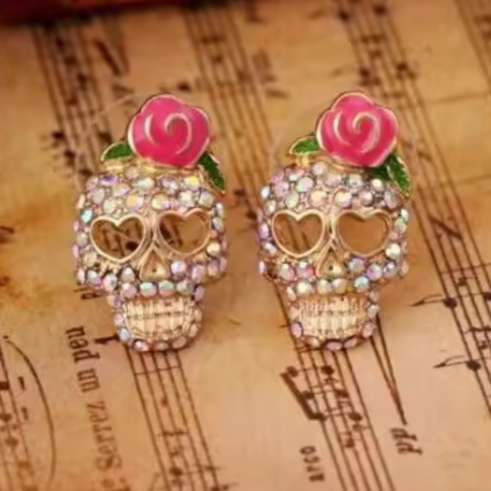 Halloween Skeleton Gold Crystal Earrings - Picture 2 of 13